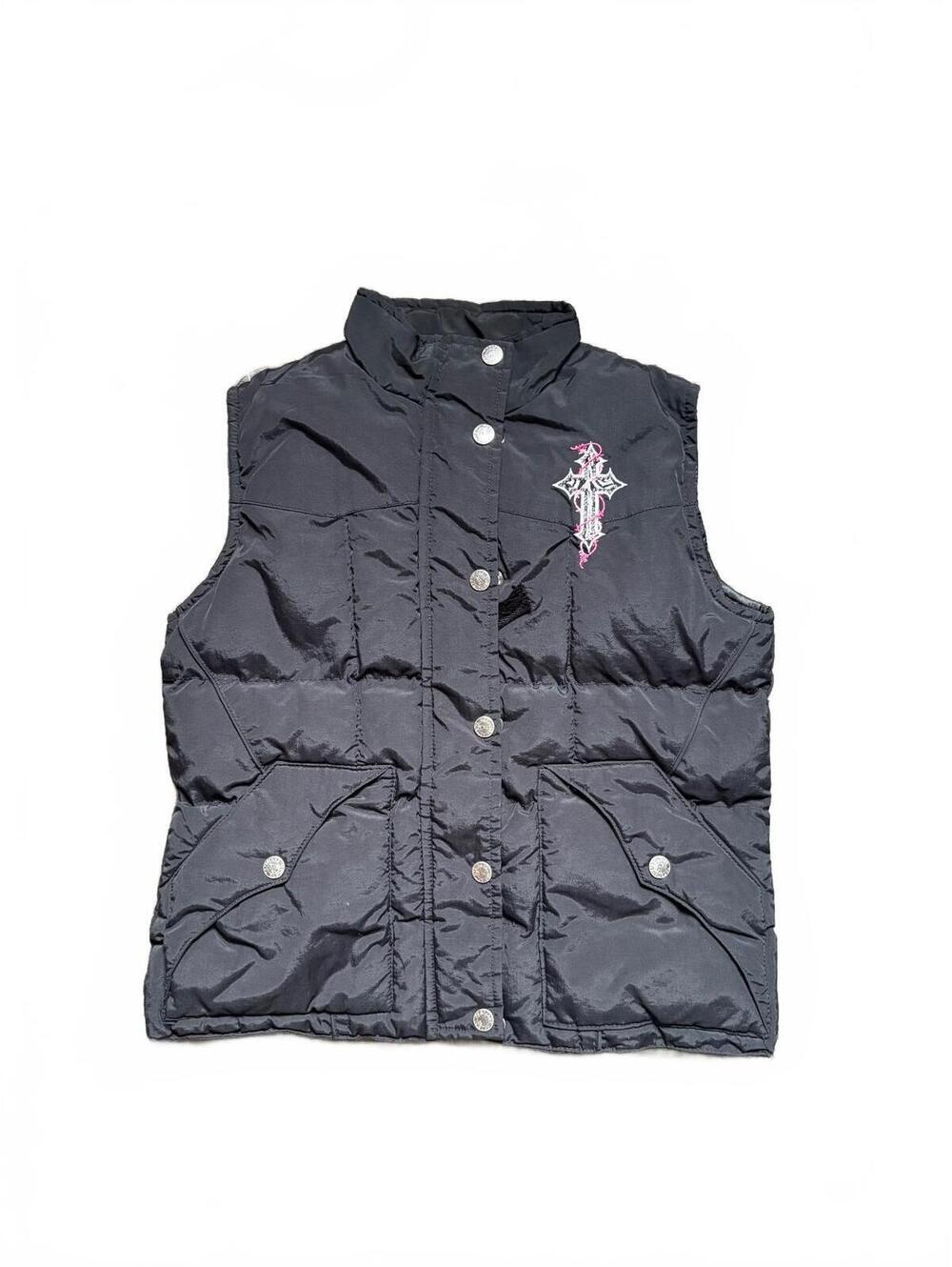 Y2K Cowgirl Hardware Black Puffer Vest Medium Rhinestone Cross Western Goth